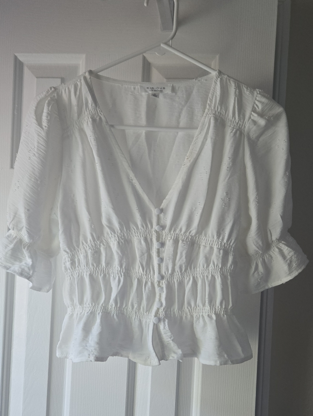 Kirious Los Angeles White Eyelet Smocked Peplum Blouse-small